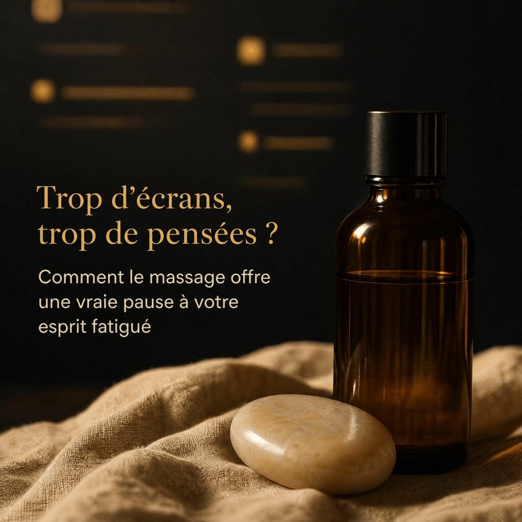 Massage déconnexion numérique - Huile et pierre sur fond sombre - Lorsica Corse